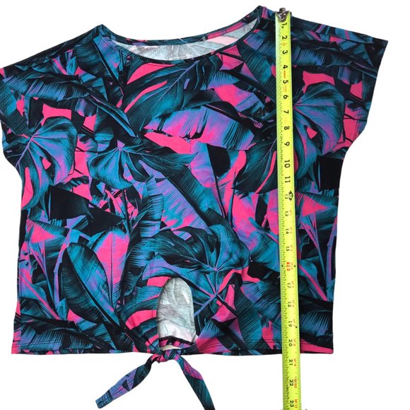 New NWT 4F Crop Top Shirt, Blue Pink Tropical Print Women's M, Floral, Hawaiian - Picture 7 of 12